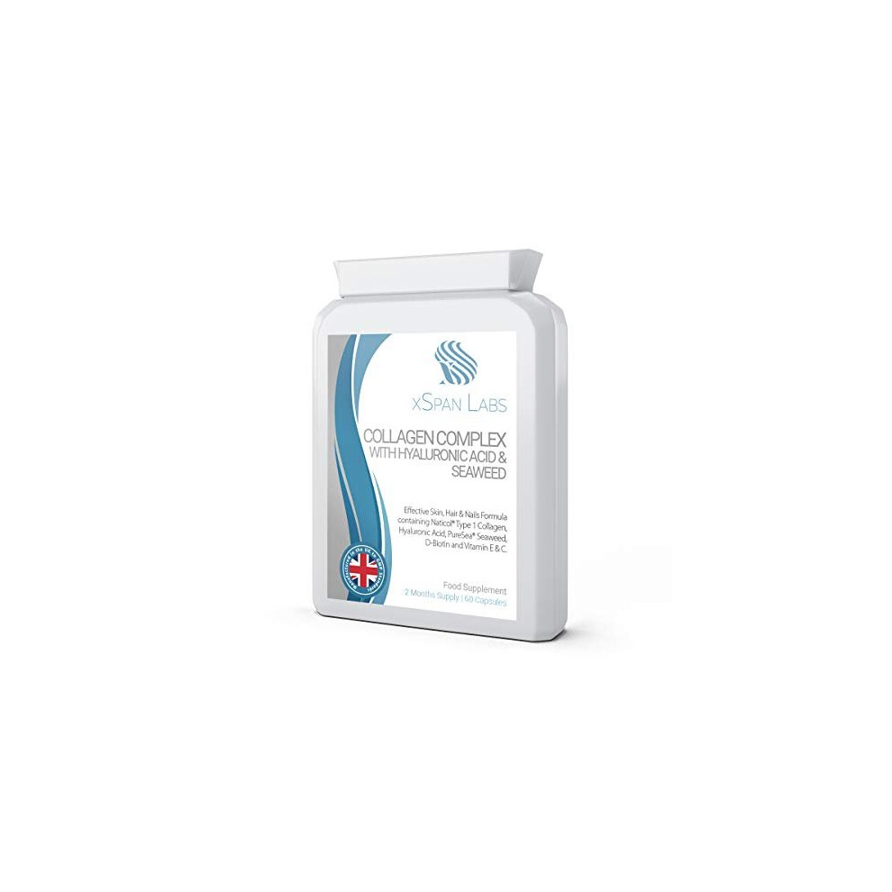 Xspan Labs Collagen Complex With Hyaluronic Acid & Seaweed - 60 Capsules - Skin, Hair & Nails Formula With Added D-Biotin, Vitamin E & C - Highly Bioavailable