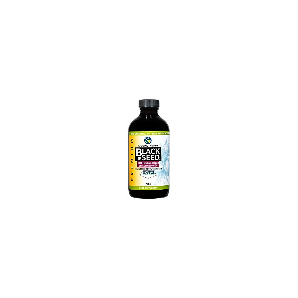 Black Seed Oil - Amazing Herbs Premium High Strength Pure Cold-Pressed Black Cumin Seed Oil (240ml, 8oz Glass Bottle)