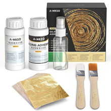 Gold Leaf Kit, Gilding Adhesive 200ml Set, Water Based Gold Leaf Adhesive and Protective Varnish, Gold Leaf Sheets 100 pc, 2 Brushes,1 Spray Can, for