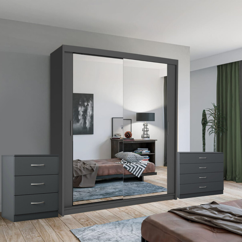 (Grey, 150 cm) Chen Sliding Mirror Wardrobe With Chest Drawers