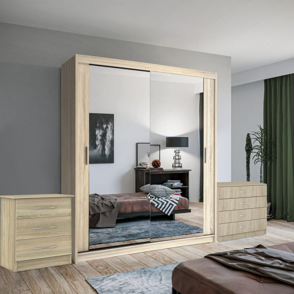 (Oak, 203 cm) Chen Sliding Mirror Wardrobe With Chest Drawers