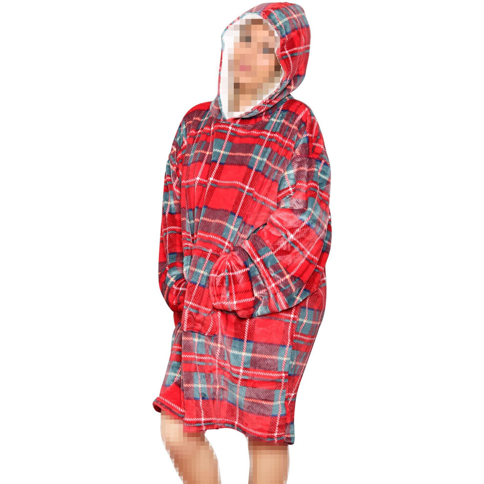 (One Size, Red Tartan) Men's Ladies Oversized Hoodie Printed Snuggle