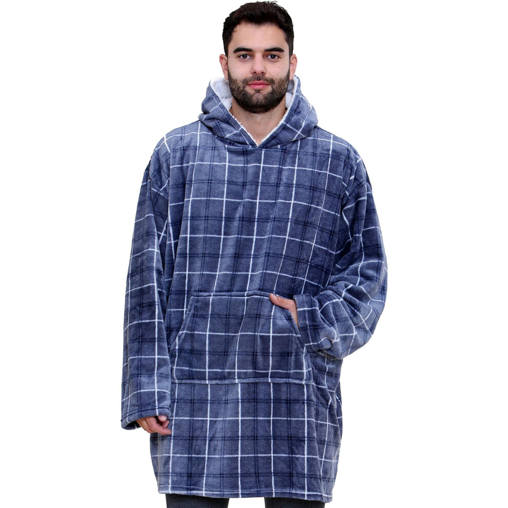 (One Size, Blue Tartan) Men's Ladies Oversized Hoodie Printed Snuggle