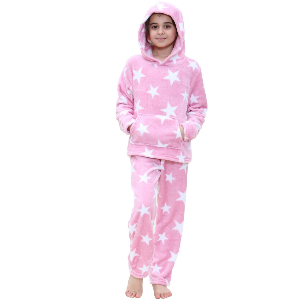 (9-10 Years, Pink) Girls Stars Print Pyjama Extra Soft Outfit Set