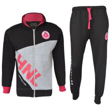 (11-12 Years, Black & Pink) Girls Boys HNL Hooded Top Bottom Tracksuit