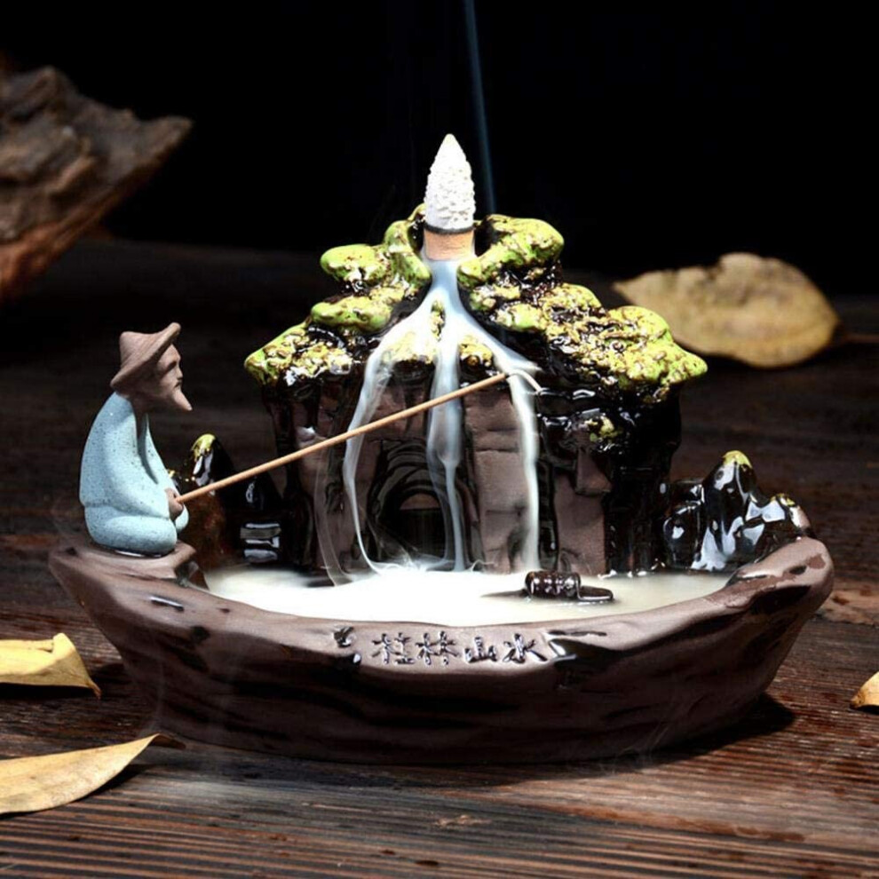 Landscape Backflow Incense Burner with 10pcs Backflow Incense Cone, Home Ceramic Backflow Incense Cone Holder Burner