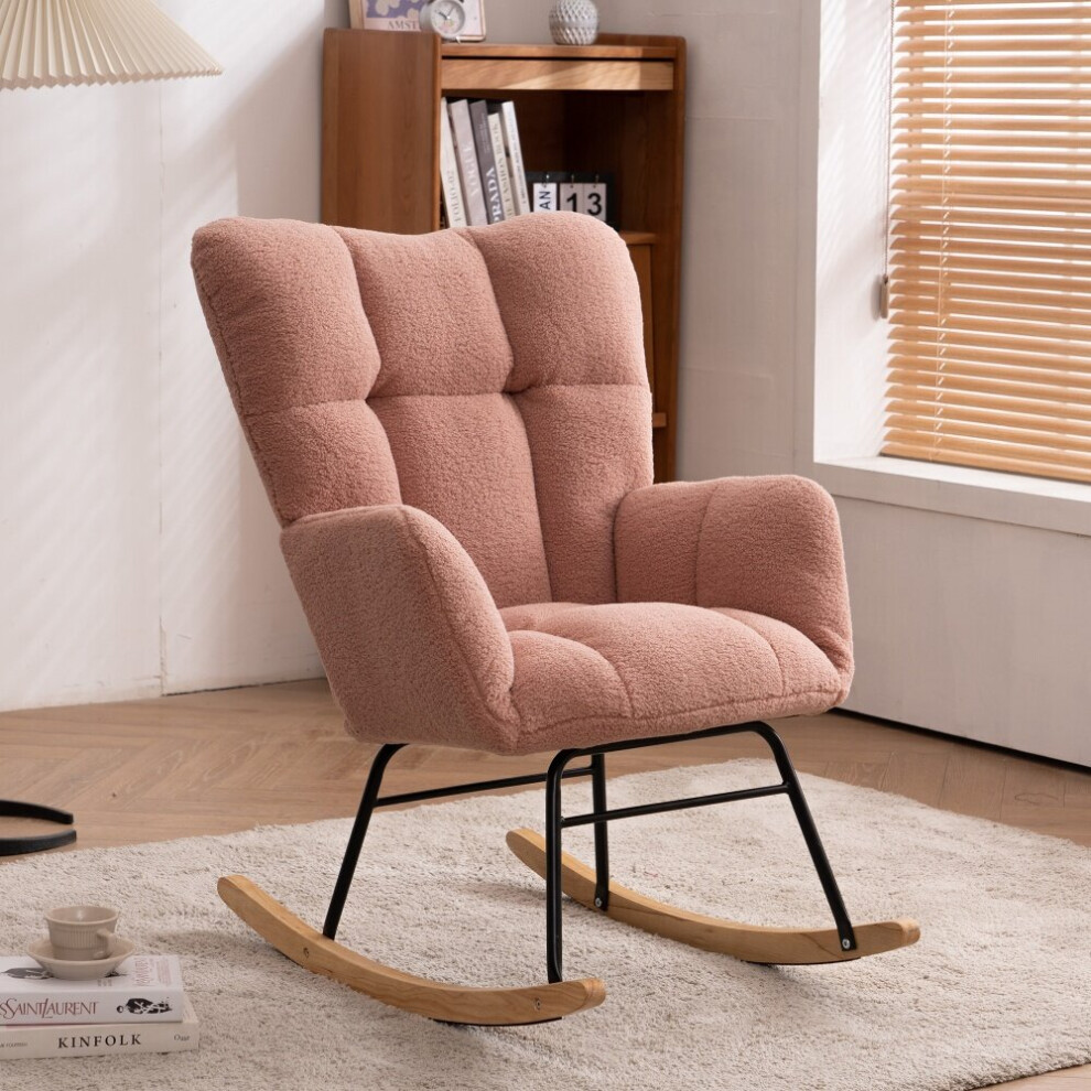 (Pink) Teddy Tufted Upholstered Rocking Chair Padded Seat