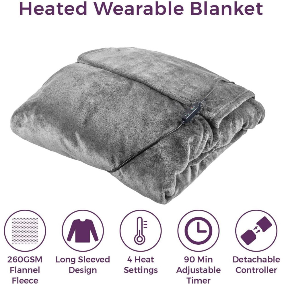 Carmen C81149gry Core Heated Wearable Washable Blanket 4 Heat Settings Grey