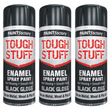 3x400ml TOUGH STUFF Enamel Black Gloss Spray Paint - Quick-Dry, Durable Gloss Finish, Indoor/Outdoor Use (2578)