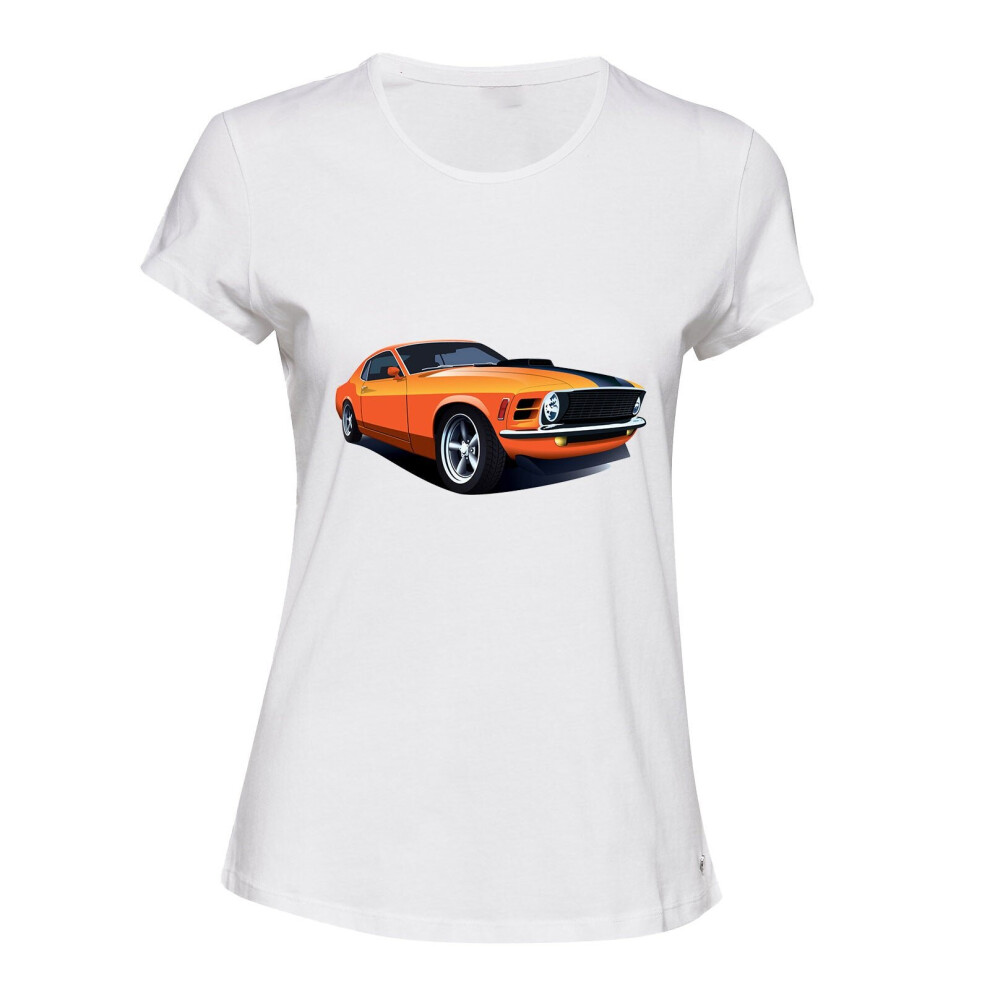 (XL) American Classic Muscle Car Ford Mustang GT White Ladies Women T Shirt Tee Top