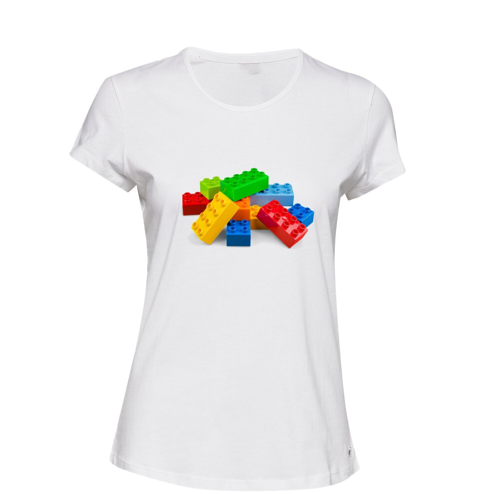 (L) Colourful Lego Building Blocks Brick Fun Toys White Ladies Women T Shirt Tee Top