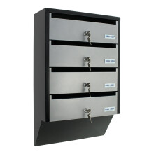 Rottner 4-Compartment Apartment Mailbox with Cylinder Lock, Wall-Mount, Silver/Black