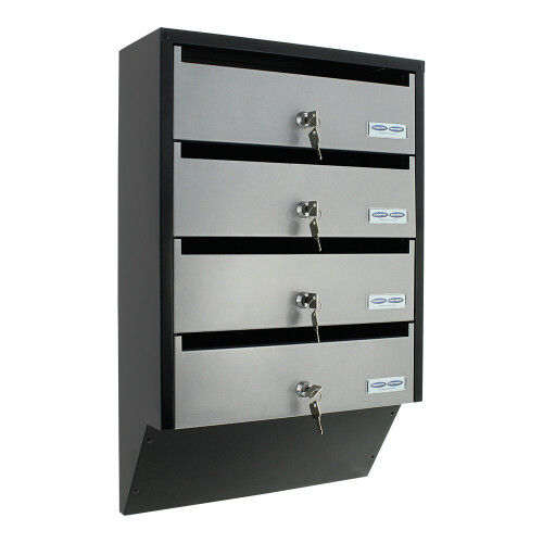 Rottner 4-Compartment Apartment Mailbox with Cylinder Lock, Wall-Mount, Silver/Black