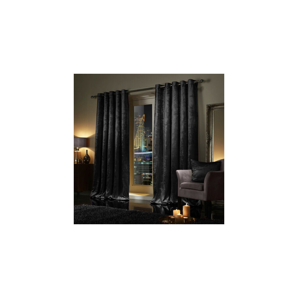 (46" x 54" (116cm x 137cm), Black) Luxury Velvet Curtains Ready Made Eyelet Ring Top