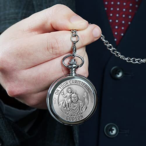 Godson Christening St Christopher Pewter Front Pocket Watch Gift Idea 2