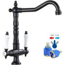 (Black) Double Bar Traditional Antique Brass Kitchen Sink Mixer Tap