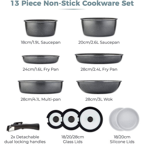 Tower Tower T900140 Freedom 13pc Detachable Handles Cookware Set, Cerastone Coating, Stackable, Induction Ready, Graphite 1