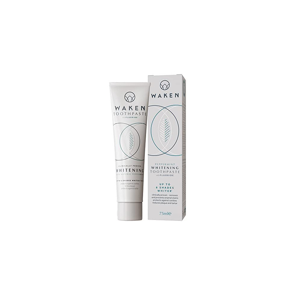 Waken Whitening Toothpaste, Peppermint 75Ml, 100% Natural Flavour, With Added Dental Fluoride, No Artificial Colours Or Flavourings, Vegan Friendly,