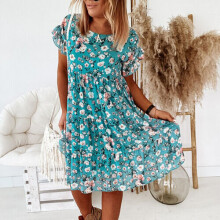(Blue, L =UK/AU SIZE 12) Womens Short Sleeve Floral Midi Dress Ladies Loose Bohemian Ruffle Swing Dresses