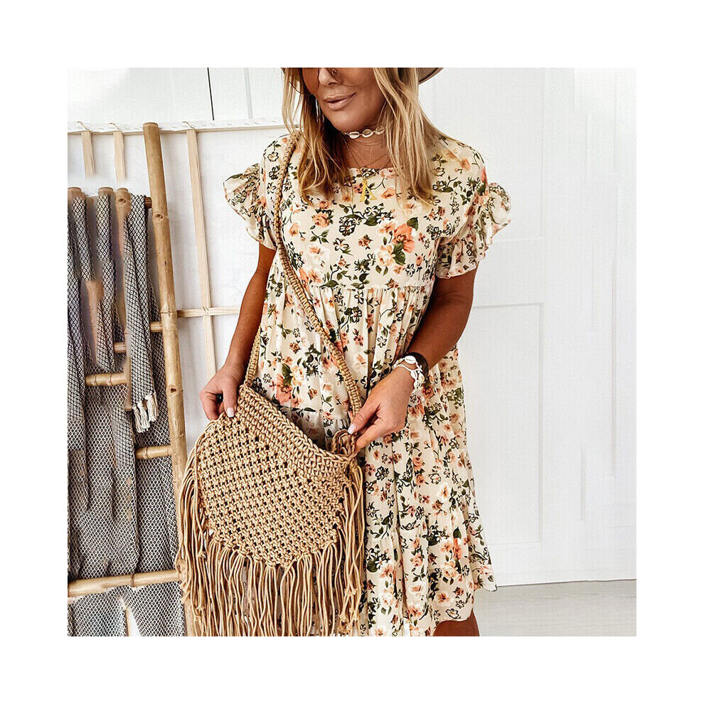 (Apricot, XXL =UK/AU SIZE 16) Womens Short Sleeve Floral Midi Dress Ladies Loose Bohemian Ruffle Swing Dresses