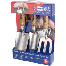 Spear and Jackson TRAD3PS Traditional Stainless Steel 3-Piece Garden Tool Set - Weed Fork, Trowel & Transplant Trowel, Multi-Colour
