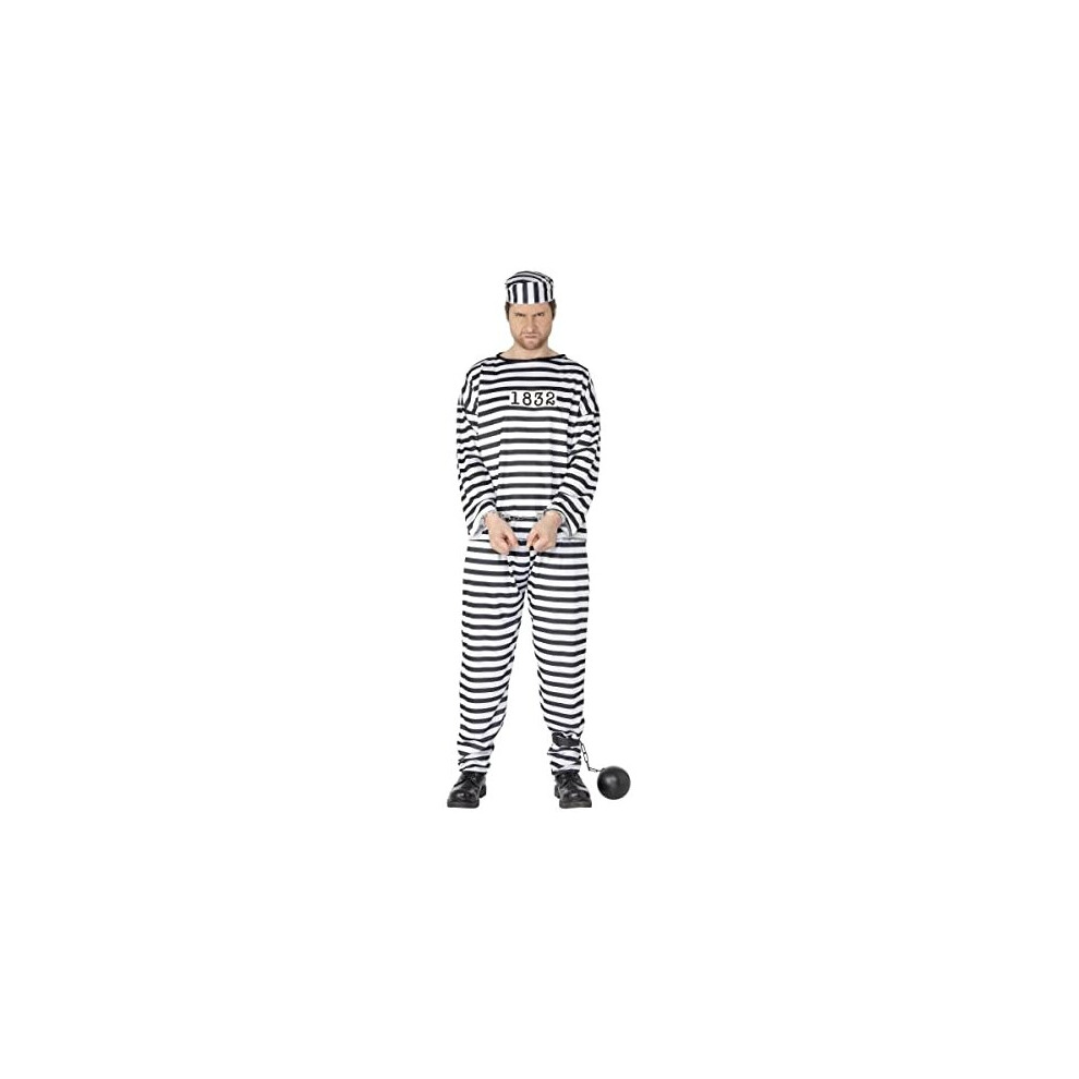 Smiffy's Men's Convict Costume With Shirt Trousers And Hat, Medium Black/White