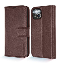 (Brown) TECHGEAR Wallet Case for iPhone 13 6.1", Genuine Leather Magnetic Flip [RFID Blocking] Case with Shockproof TPU Holder, Card Slots, Stand Folio Cover