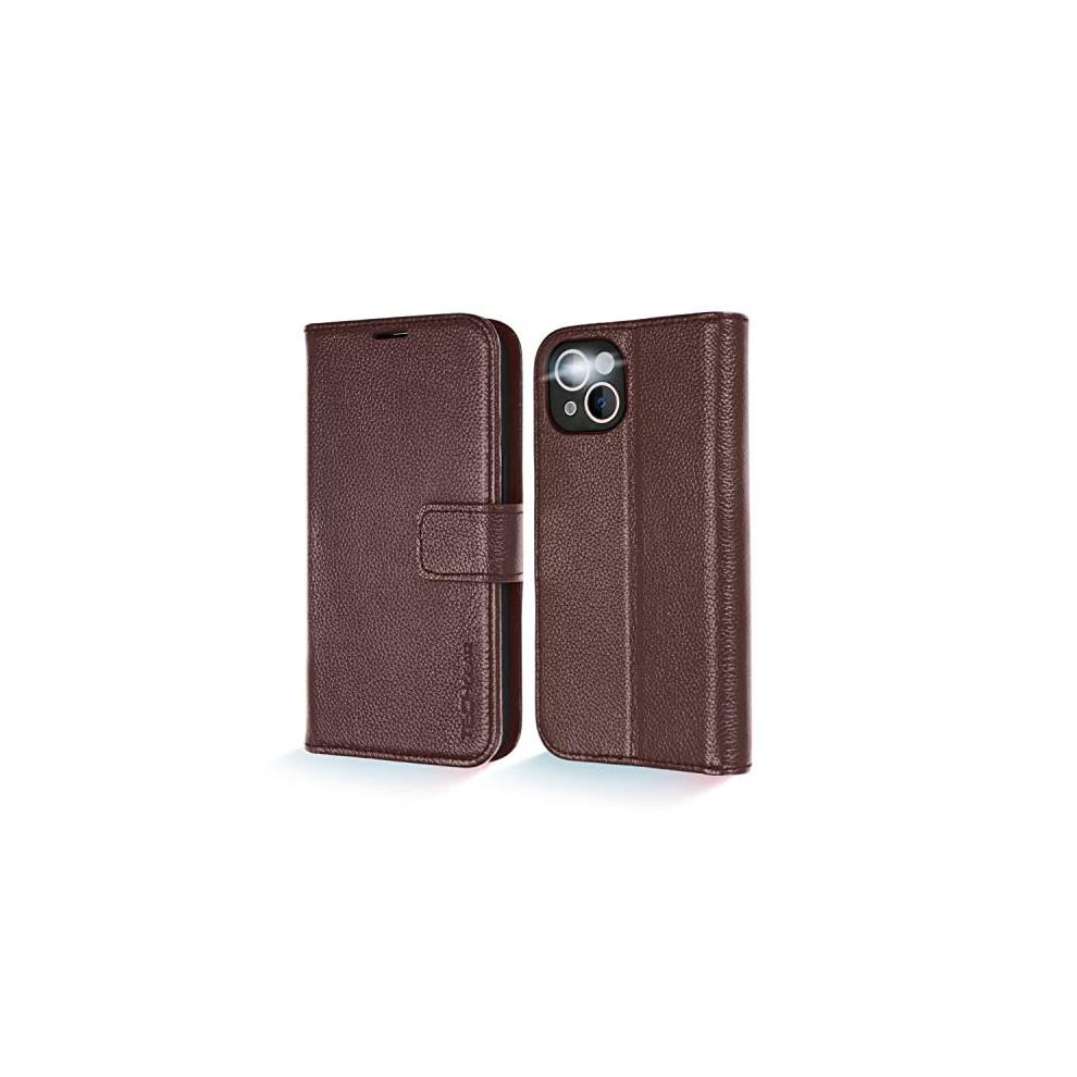 (Brown) TECHGEAR Wallet Case for iPhone 13 6.1", Genuine Leather Magnetic Flip [RFID Blocking] Case with Shockproof TPU Holder, Card Slots, Stand Foli