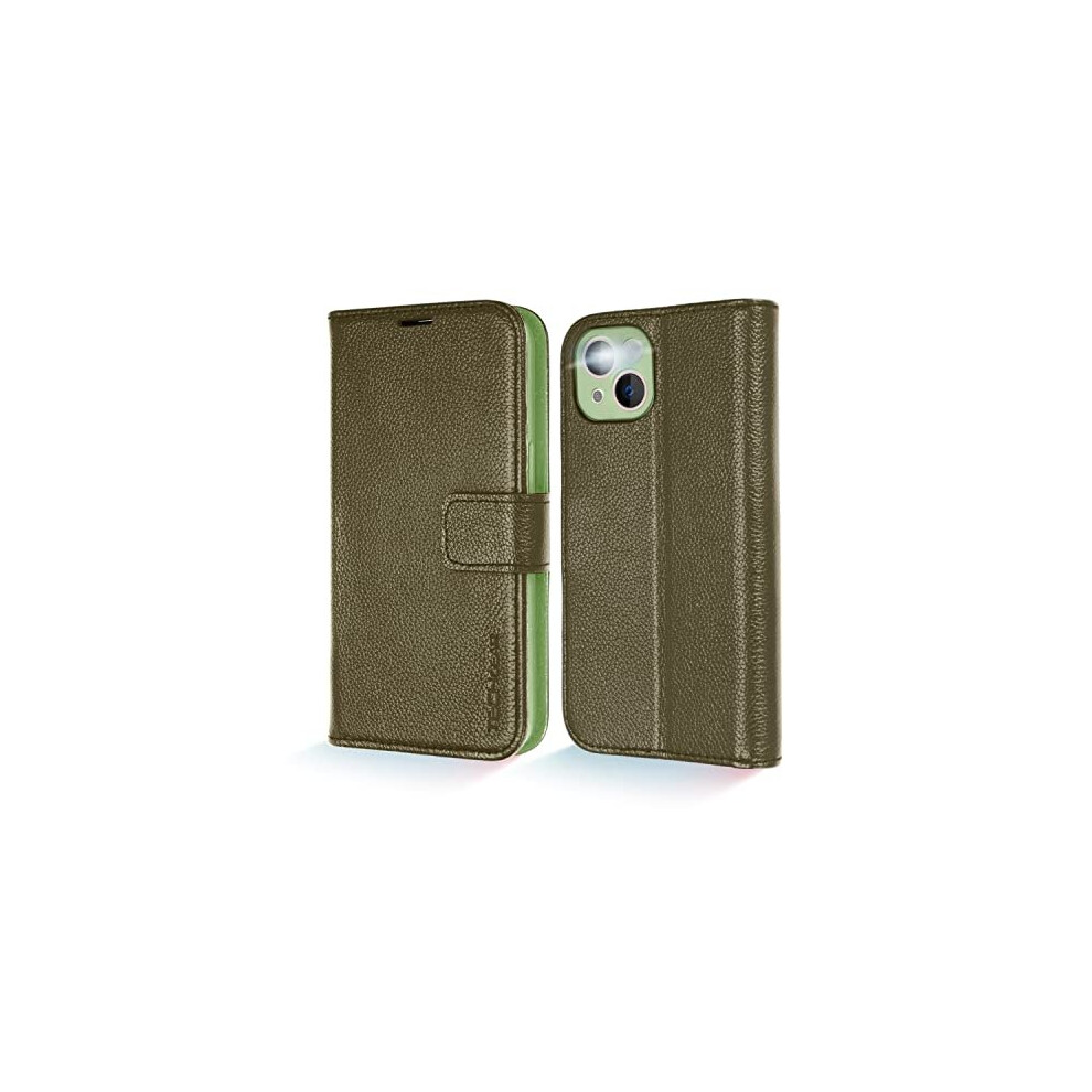 (Green) TECHGEAR Wallet Case for iPhone 13 6.1", Genuine Leather Magnetic Flip [RFID Blocking] Case with Shockproof TPU Holder, Card Slots, Stand Foli