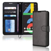 (Black) Pixel 4a Leather Wallet Case, Flip Protective Cover with Card Holder, Stand and Wrist Strap - PU Leather with Magnetic Closure For Google Pixel 4a