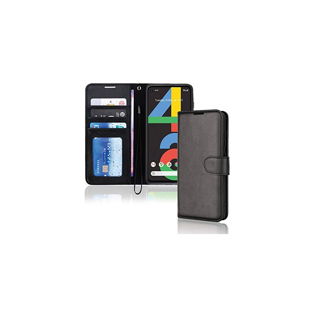 Techgear (Black) Pixel 4A Leather Wallet Case, Flip Protective Cover With Card Holder, Stand And Wrist Strap - Pu Leather With Magnetic Closure For Google Pixe