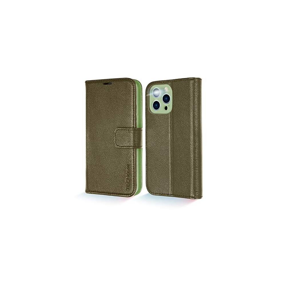 (Green) TECHGEAR Wallet Case for iPhone 13 Pro, Genuine Leather Magnetic Flip [RFID Blocking] Case with Shockproof TPU Holder, Card Slots, Stand Folio