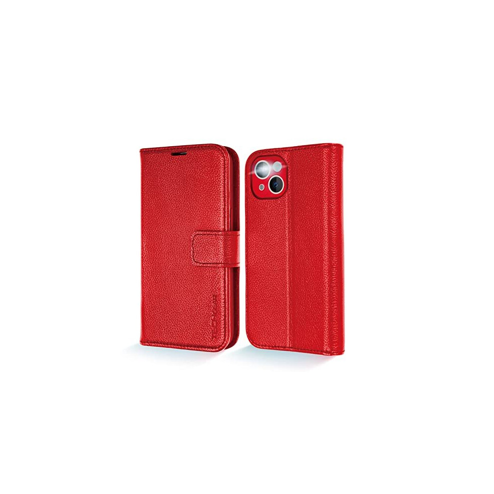 (Red) TECHGEAR Wallet Case for iPhone 13 Mini, Genuine Leather Magnetic Flip [RFID Blocking] Case with Shockproof TPU Holder, Card Slots, Stand Folio