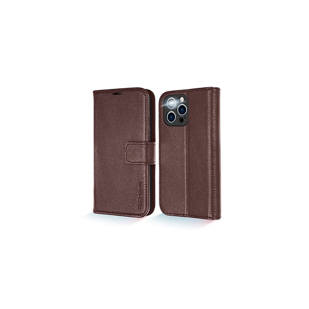 (Brown) TECHGEAR Wallet Case for iPhone 13 Pro, Genuine Leather Magnetic Flip [RFID Blocking] Case with Shockproof TPU Holder, Card Slots, Stand Folio