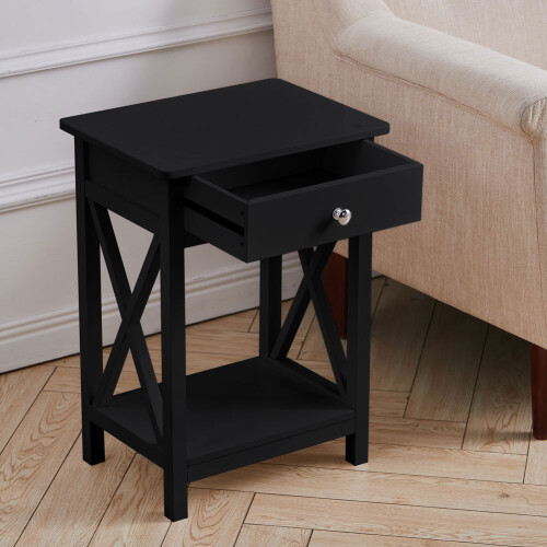 Living And Home Wooden Bedside End Table Nightstand Cabinet with Drawer Black 2