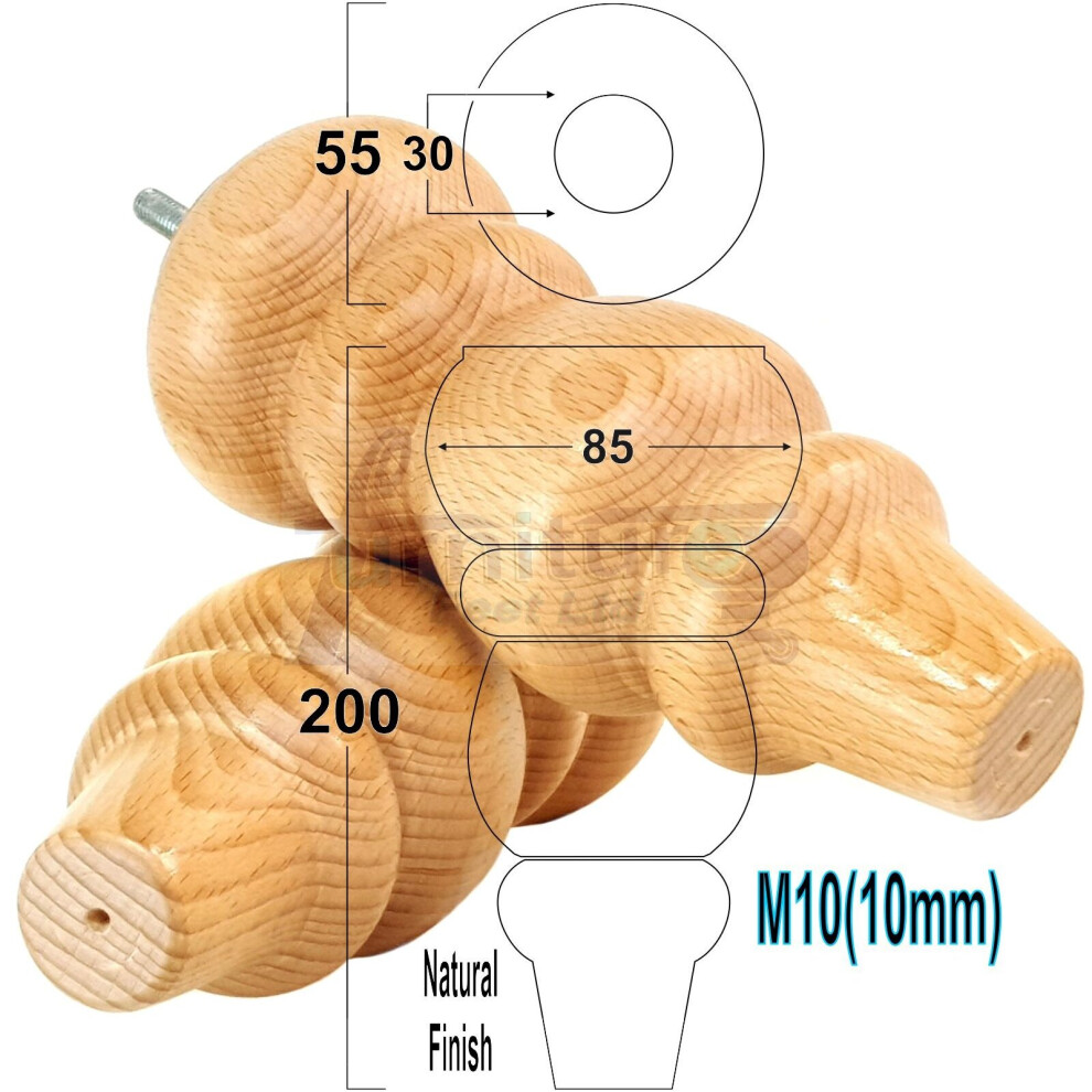 Solid Wood Turned Furniture Feet 200Mm High Natural Replacement Legs Set Of 4 M10 Pkc220L-image-OPC-PBFFVF9-NEW
