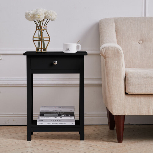 Living And Home Wooden Bedside End Table Nightstand Cabinet with Drawer Black 1