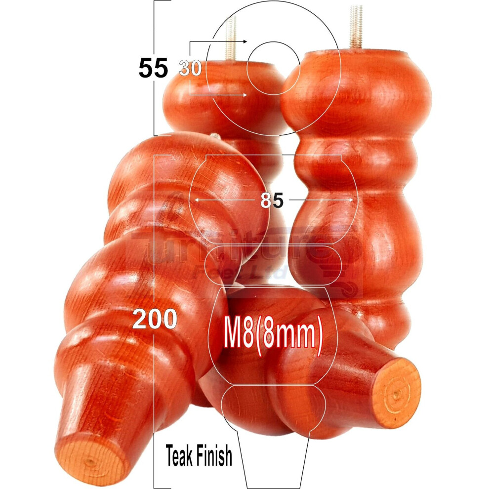 SOLID WOOD TURNED FURNITURE FEET 200mm HIGH Teak Finish REPLACEMENT LEGS SET OF 4  M8 PKC220L-image-OPC-PBFFVH8-NEW