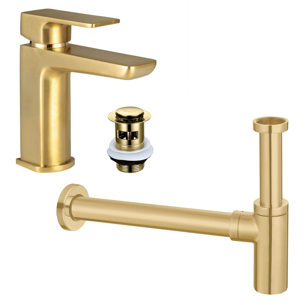 Curve Brushed Brass Basin Tap & Minimalist Round Bottle Trap