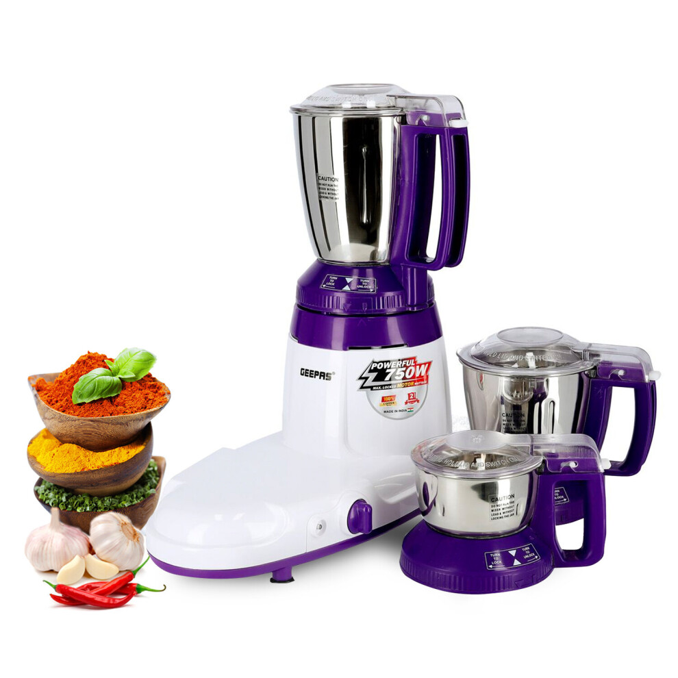 Geepas 750W 3 In 1 Mixer Grinder Perfect For Dry & Wet Fine Grinding Indian Curry Spices Coconut Grinding Mixing