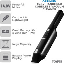 Tower T527000 Optimum 14.8V Handheld Vacuum Cleaner Cordless with a large 0.5L capacity and powerful motor, 200W
