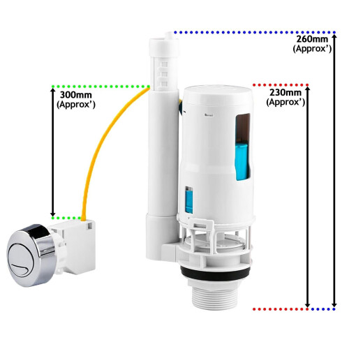 SPARES2GO Adjustable Dual Flush Toilet Valve Concealed Cistern with Push Button (1.5" / 2" Outlet, 300mm Cable) 1