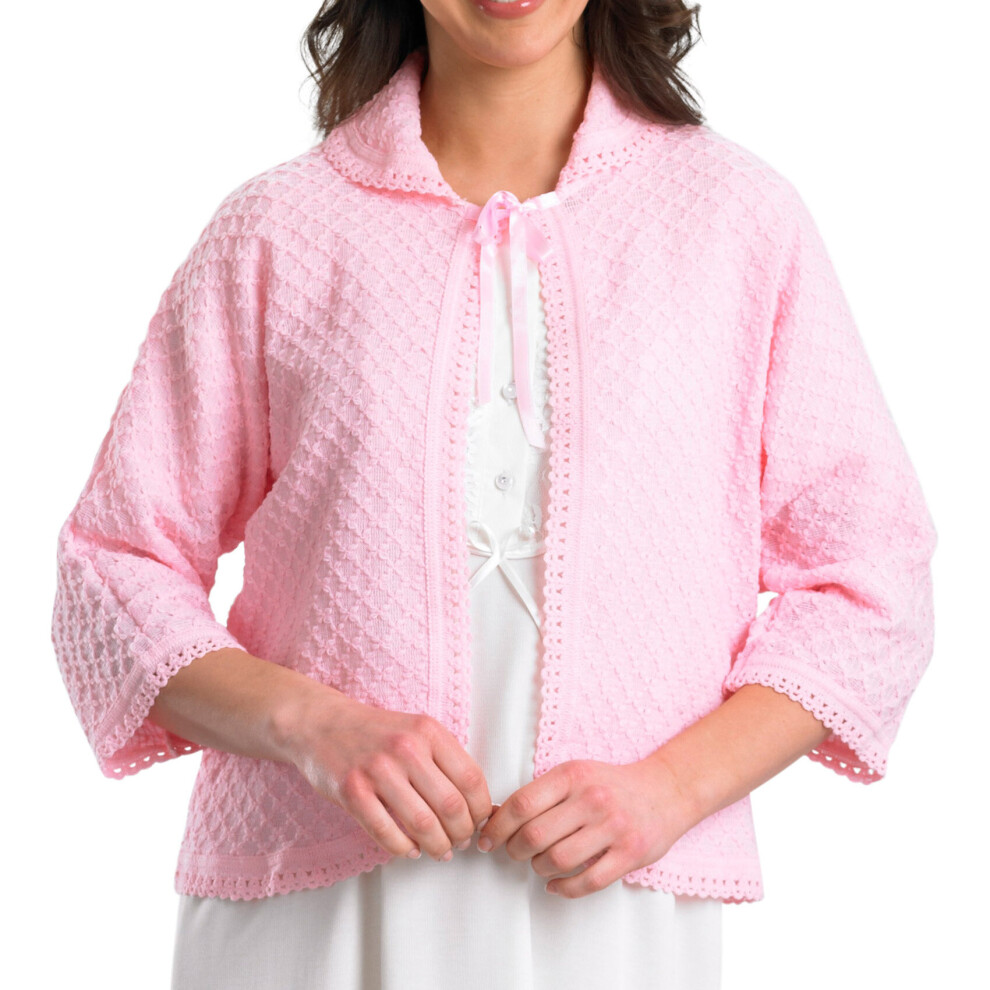 (Pink, Small - UK 10/12) Slenderella Ladies Peter Pan Collar Diamond Pattern Bed Jacket