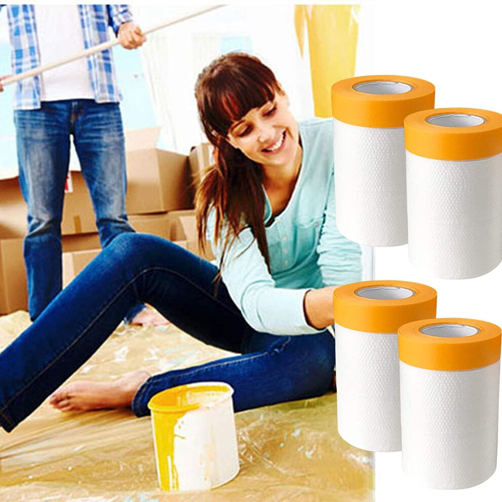 4 Pcs Plastic Dust Sheets Roll 0.55 x 20M Pre-Taped Masking Film Drop Cloths for Painting Bed Furniture Covering