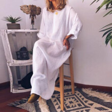 (White, Tag Size XL=UK Size 16) Women Cotton Linen Long Sleeve Maxi Dress Ladies Pocket Solid Baggy Kaftan Dress