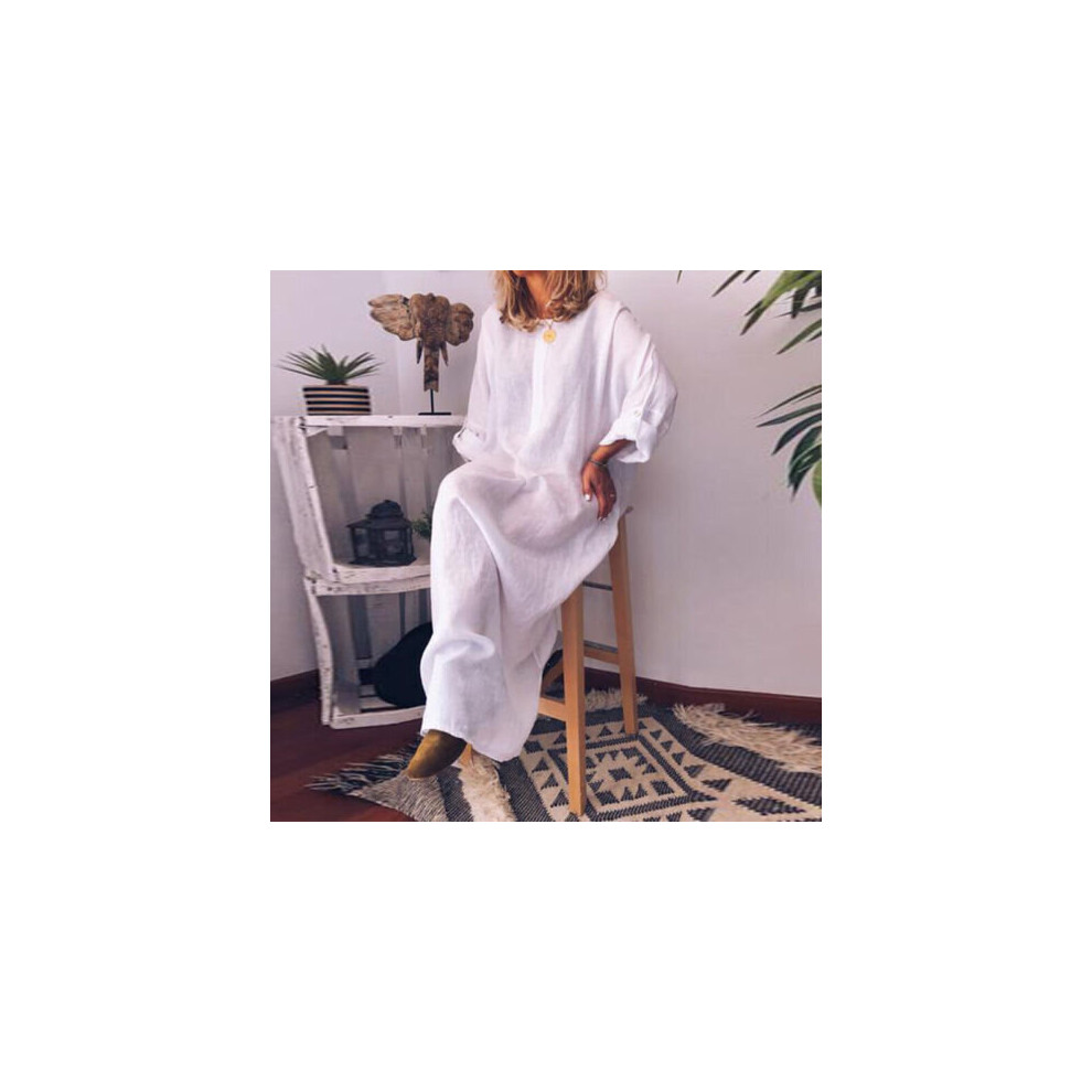 (White, Tag Size L=UK Size 14) Women Cotton Linen Long Sleeve Maxi Dress Ladies Pocket Solid Baggy Kaftan Dress