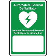 Automated external defibrillator nearest AED is situated at blank safety sign - Self adhesive sticker - 400mm x 300mm