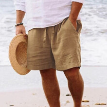 (Yellow, L) Mens Cotton Linen Shorts Summer Beach Hawaiian Drawstring Waist Short Pants