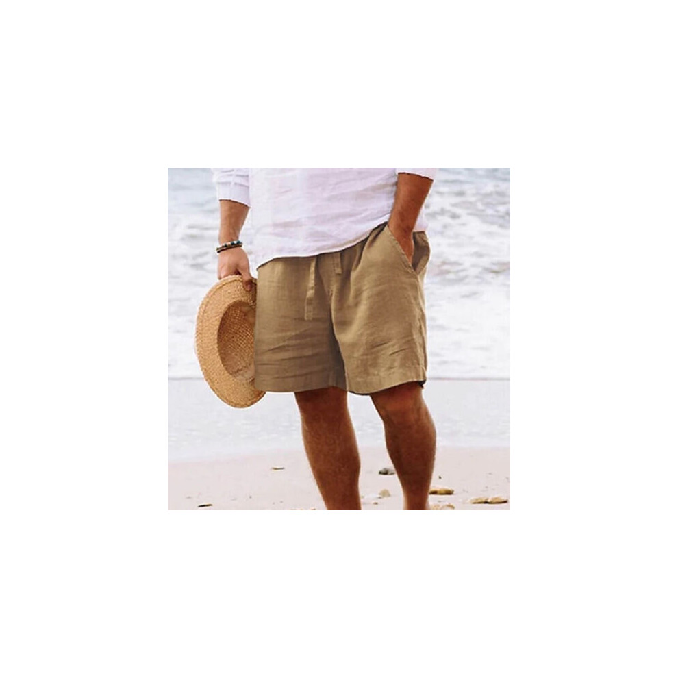(Yellow, L) Mens Cotton Linen Shorts Summer Beach Hawaiian Drawstring Waist Short Pants