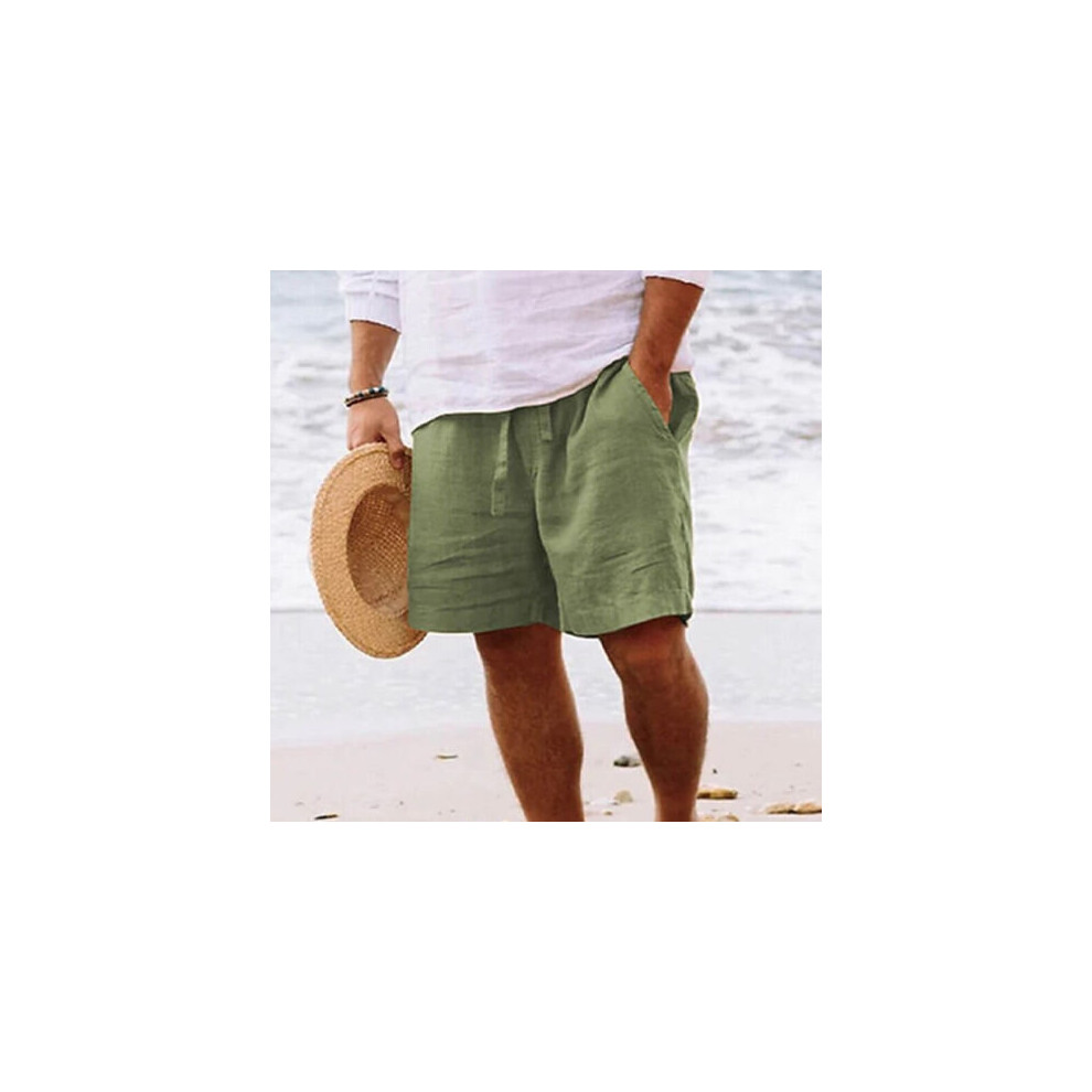 (Green, XL) Mens Cotton Linen Shorts Summer Beach Hawaiian Drawstring Waist Short Pants